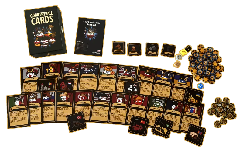 Countryball Cards Base Edition box, cards, rulebook, dice and tokens with gold outlines