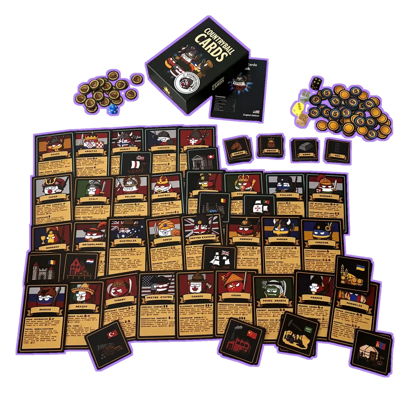 Countryball Cards Extended Edition box, cards, rulebook, dice and tokens with purple outlines